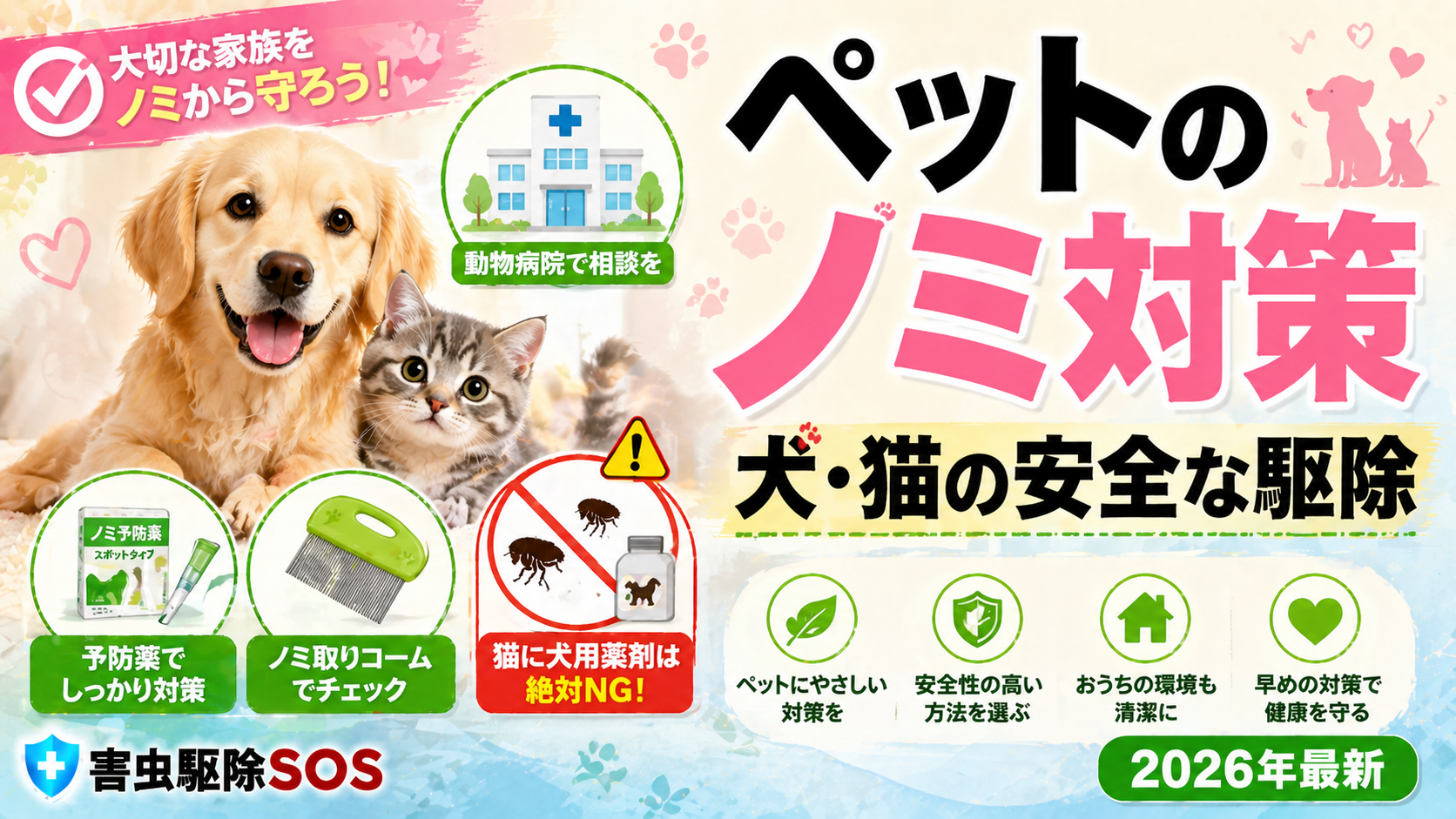 ペットのノミ対策【2026年最新】犬・猫の安全な駆除方法・予防薬・避けるべき薬剤を徹底解説 | 害虫駆除SOS