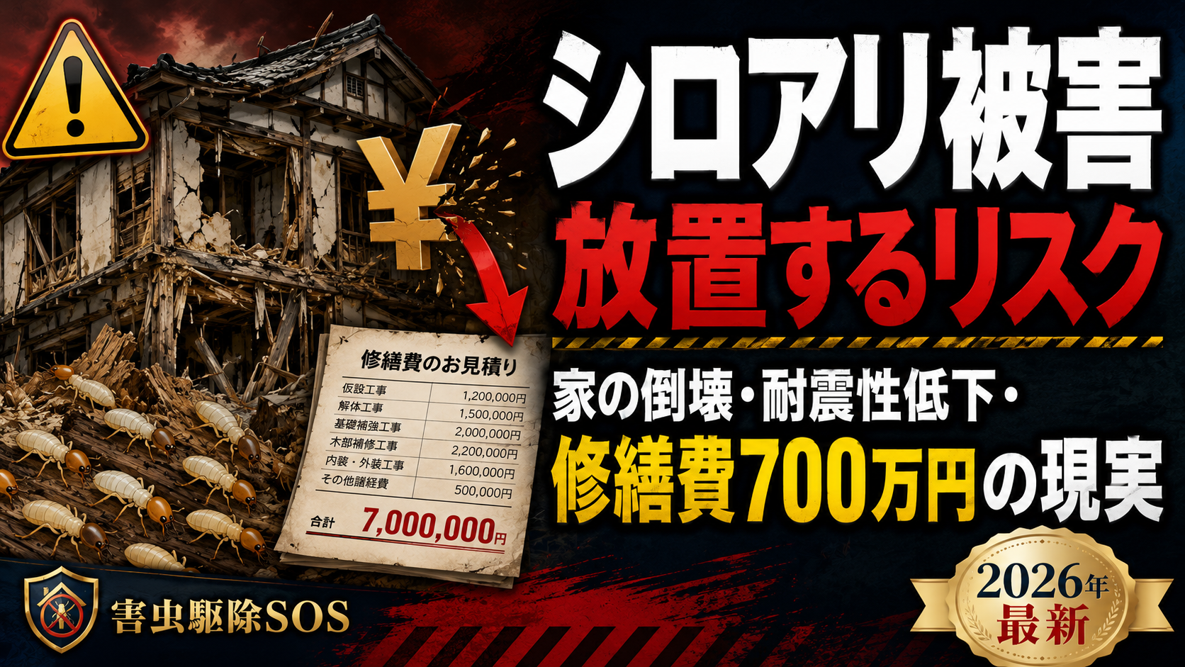 シロアリの被害と放置するリスク【2026年最新】家の倒壊・耐震性低下・修繕費700万円の現実