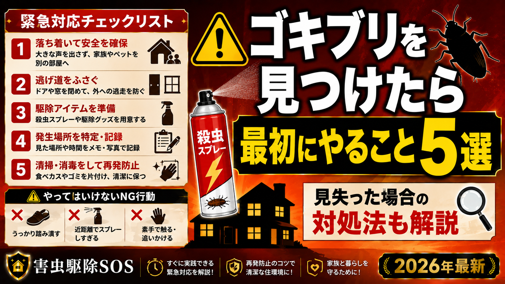 ゴキブリを見つけたら最初にやること5選!【2026年最新】1分の正しい初動で30〜100匹の潜伏個体を撃退する緊急対応マニュアル完全ガイド