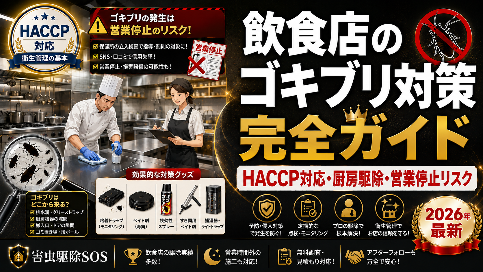 飲食店のゴキブリ対策完全ガイド【2026年最新】HACCP義務化対応・営業停止リスクを防ぐ7つの実践策と年間契約で売上を守る経営判断